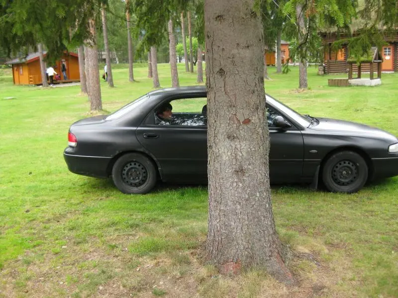 Sort Mazda 626 parkeret på græs bag et grantræ