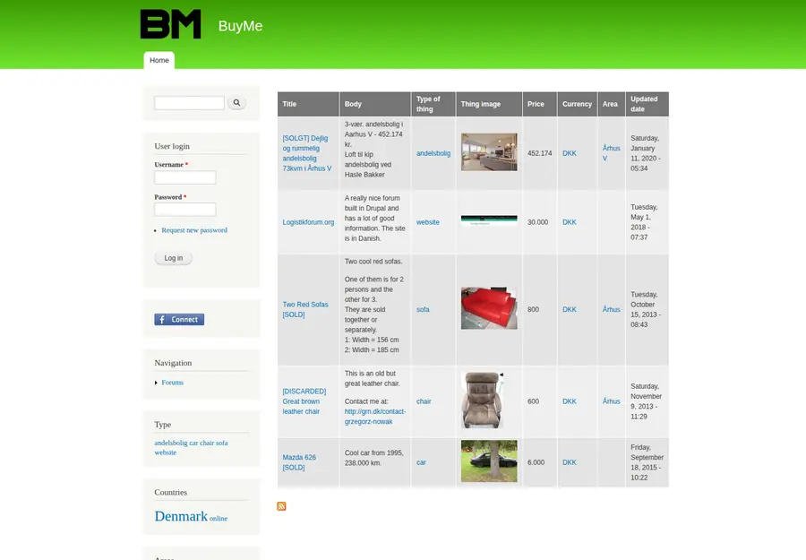 buyme.grn.dk in October 2026: Drupal 7 theme with a green header, a sidebar of login and tag blocks, and a grey listing table