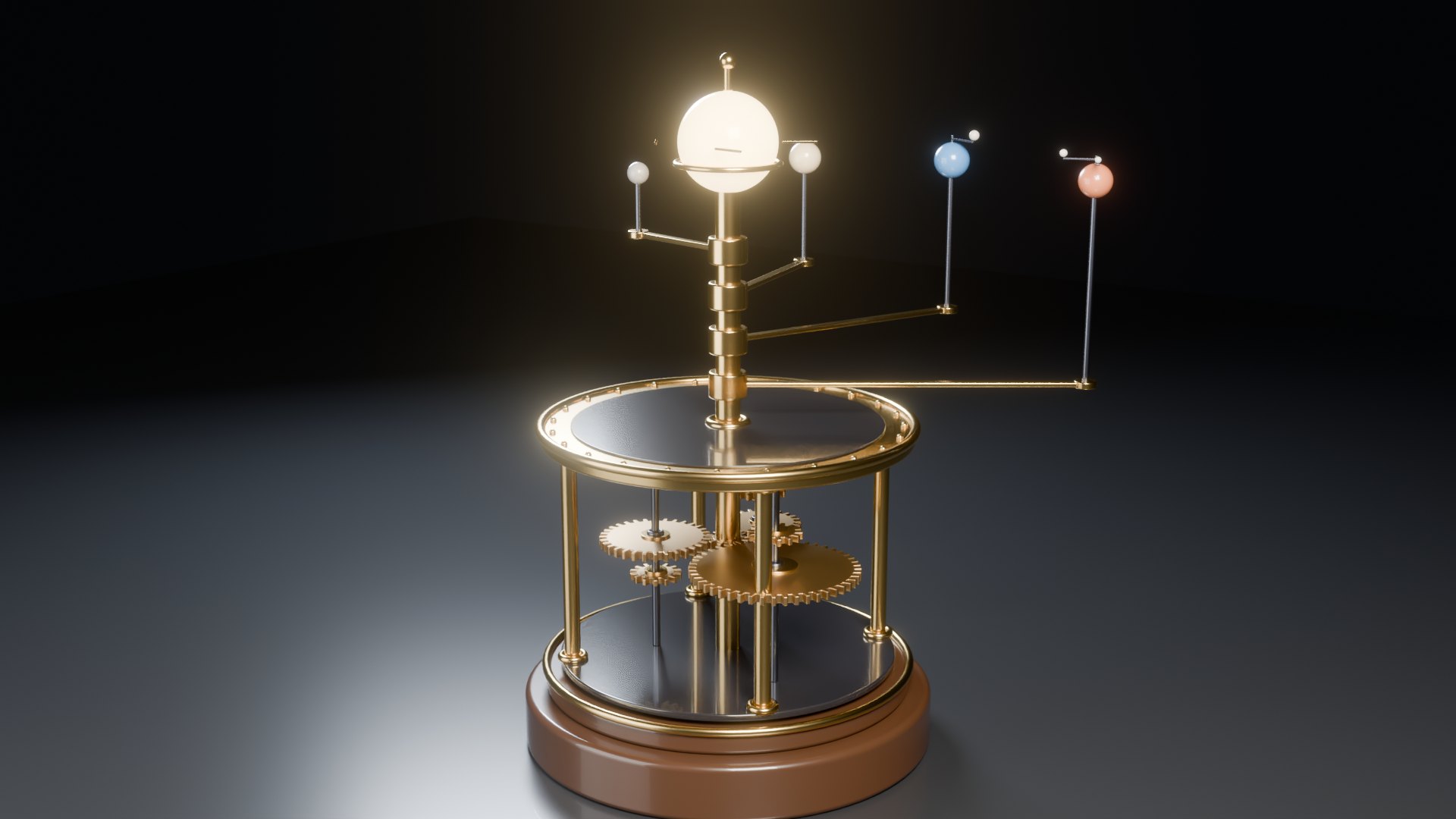 Cycles render of the brass orrery: a walnut plinth, a brass cage with a gear train, four planets on arms around a glowing sun